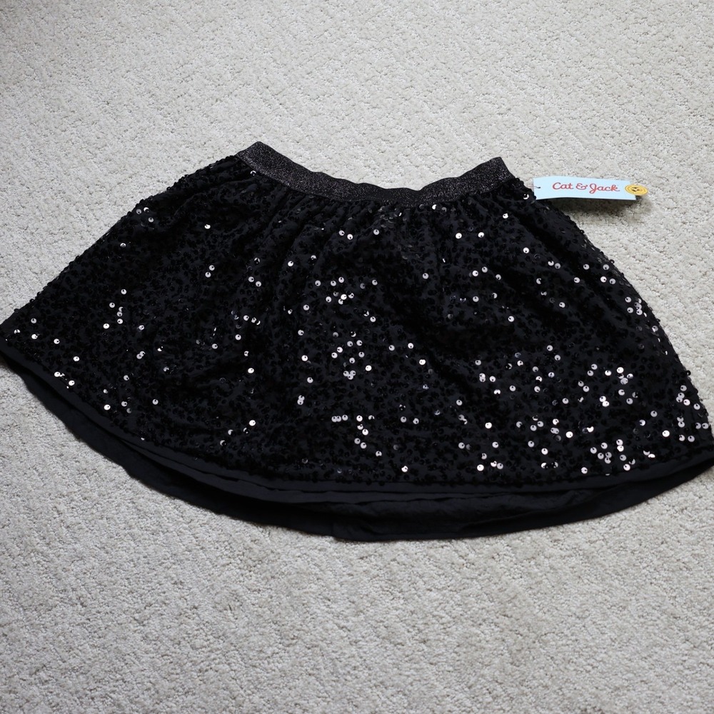 Cat & Jack Girls Black Sequin Skirt Size M 8 Sparkly Party Holiday Skirt NEW